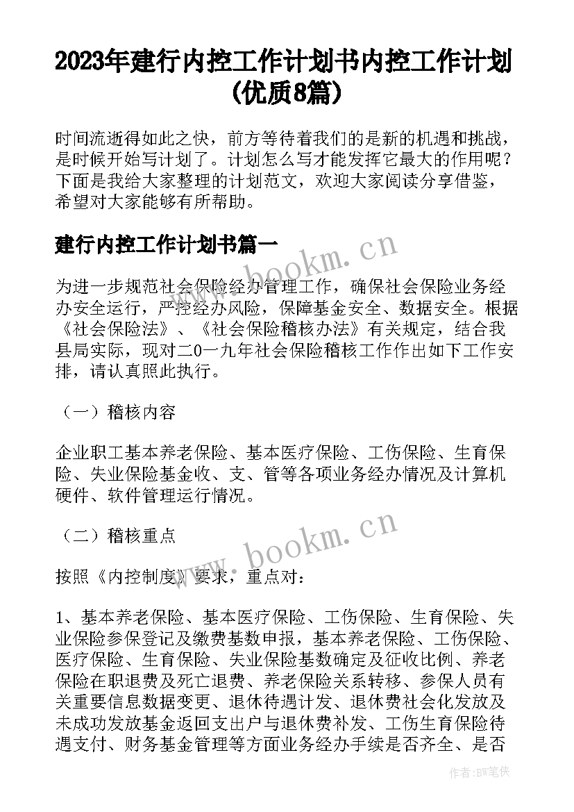 2023年建行内控工作计划书 内控工作计划(优质8篇)