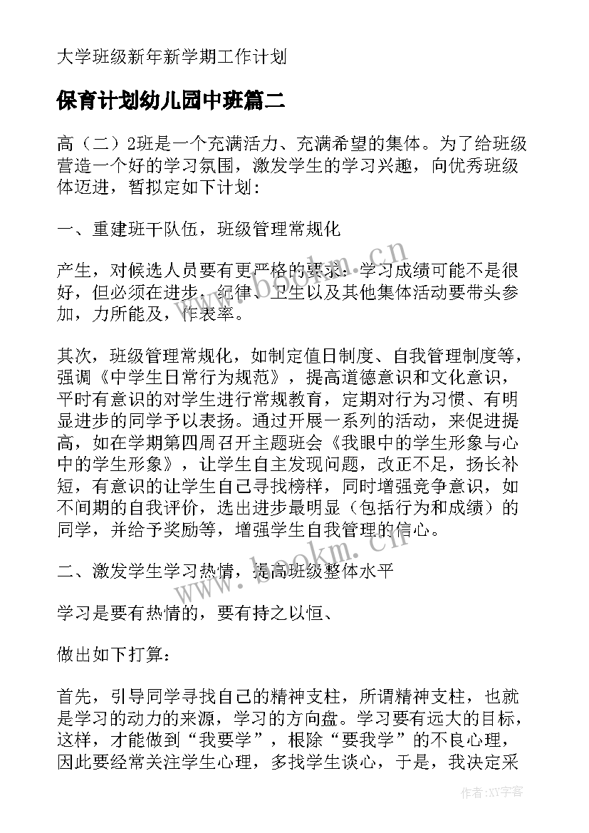 2023年保育计划幼儿园中班 中班班级工作计划(优质5篇)