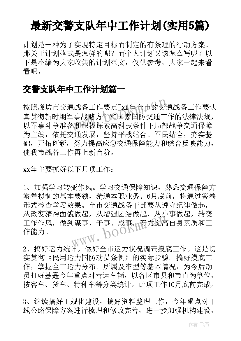 最新交警支队年中工作计划(实用5篇)