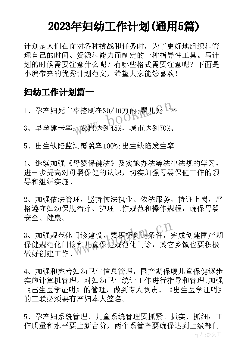 2023年妇幼工作计划(通用5篇)