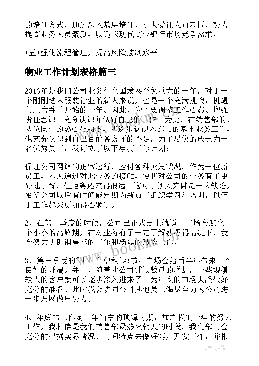 物业工作计划表格 年工作计划表格(模板7篇)