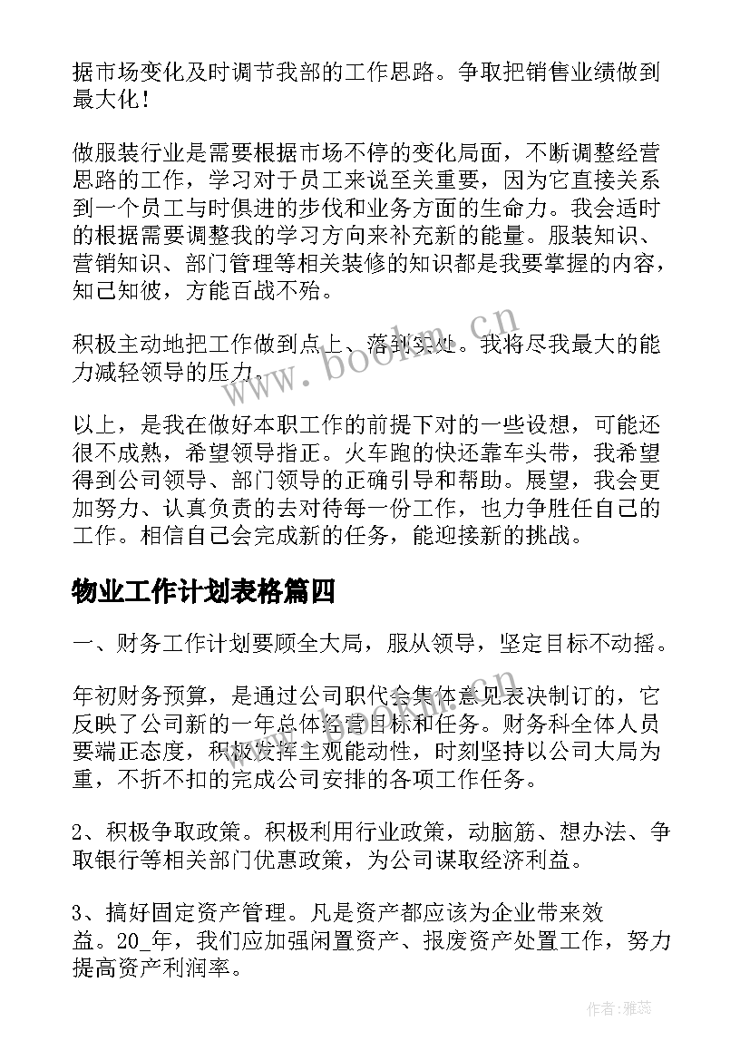 物业工作计划表格 年工作计划表格(模板7篇)