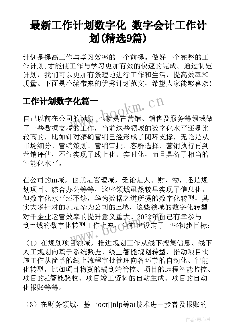 最新工作计划数字化 数字会计工作计划(精选9篇)