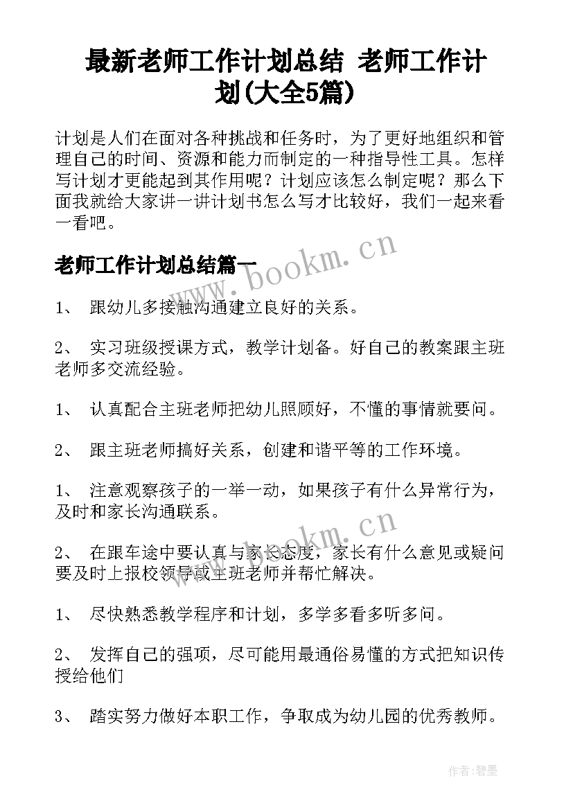 最新老师工作计划总结 老师工作计划(大全5篇)