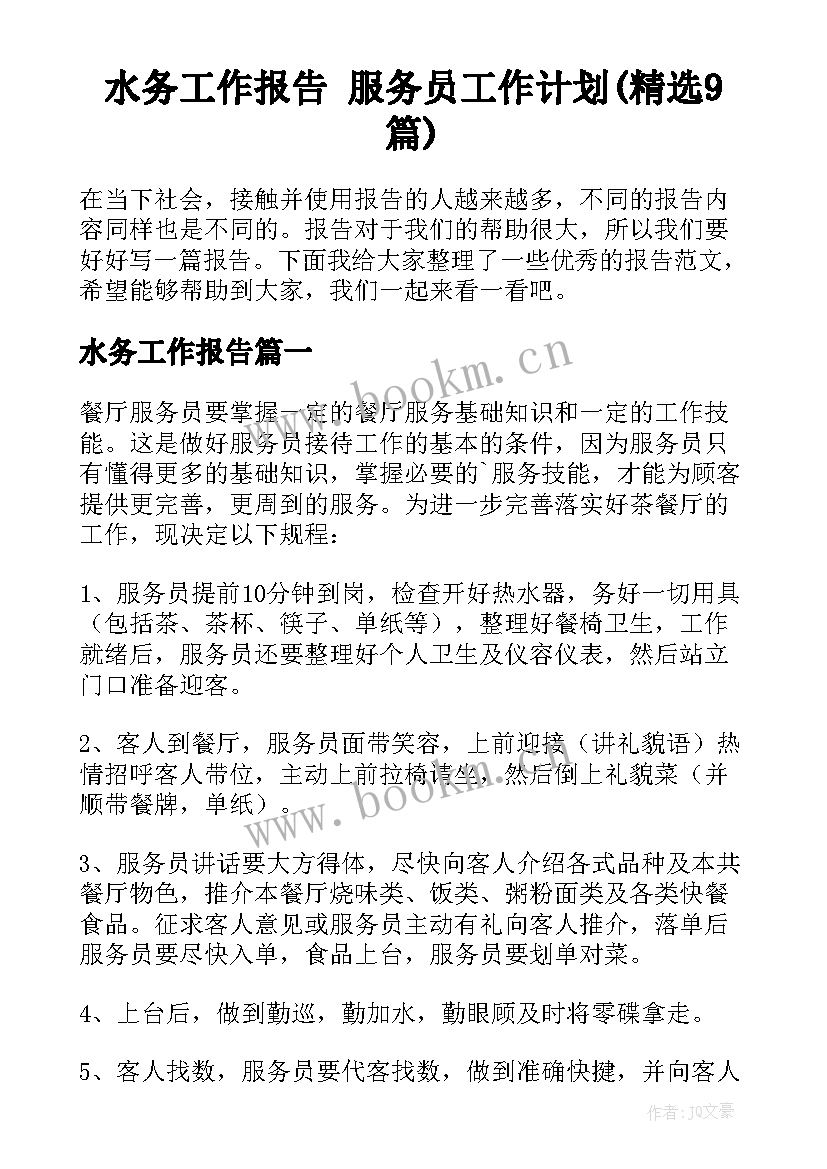 水务工作报告 服务员工作计划(精选9篇)