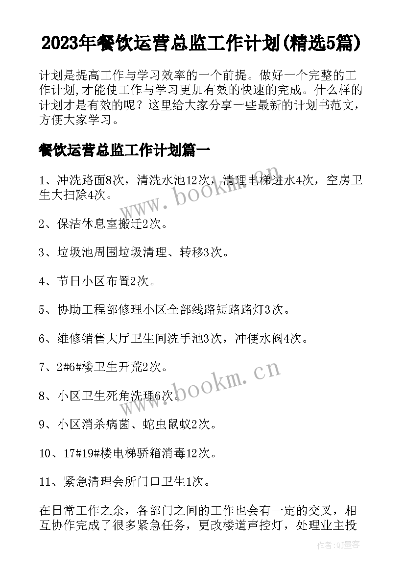 2023年餐饮运营总监工作计划(精选5篇)