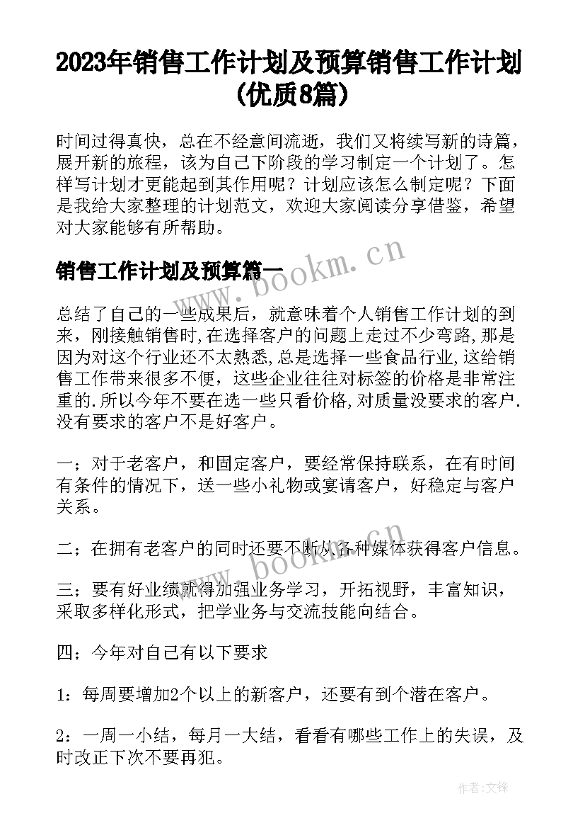 2023年销售工作计划及预算 销售工作计划(优质8篇)