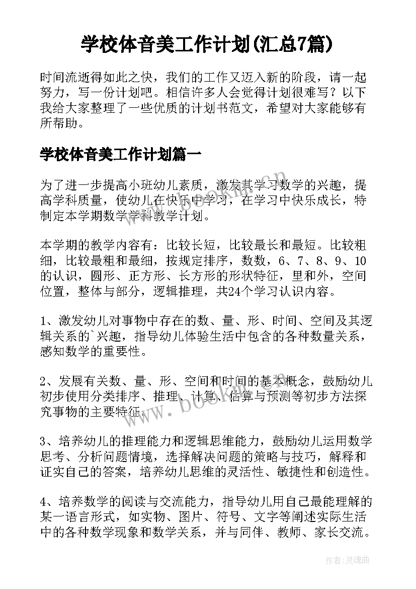 学校体音美工作计划(汇总7篇)