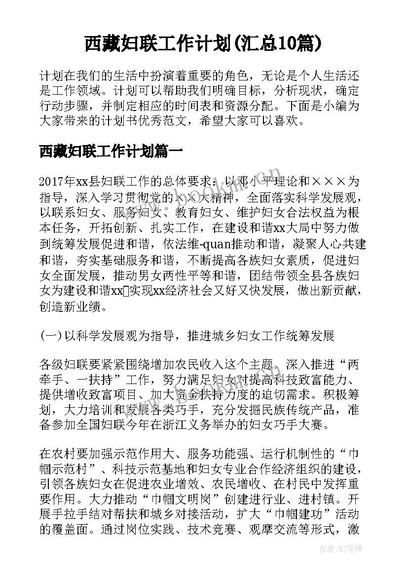 西藏妇联工作计划(汇总10篇)