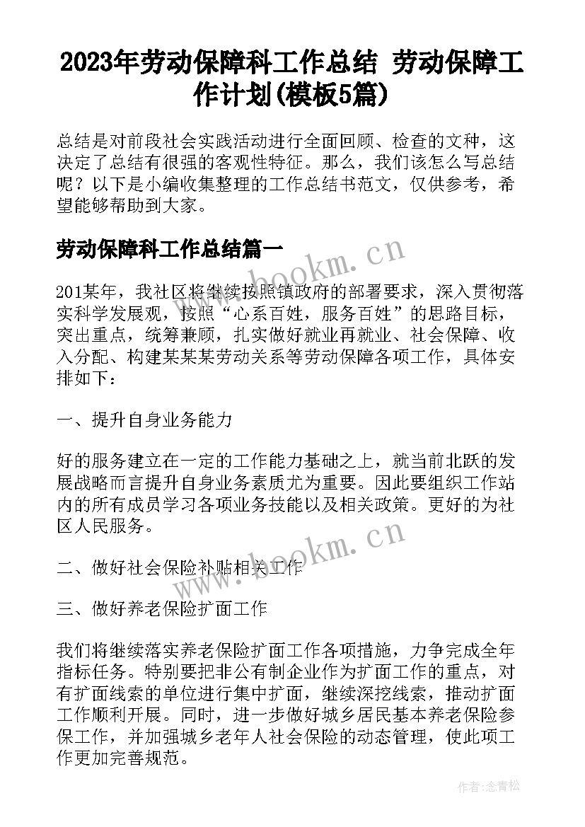 2023年劳动保障科工作总结 劳动保障工作计划(模板5篇)