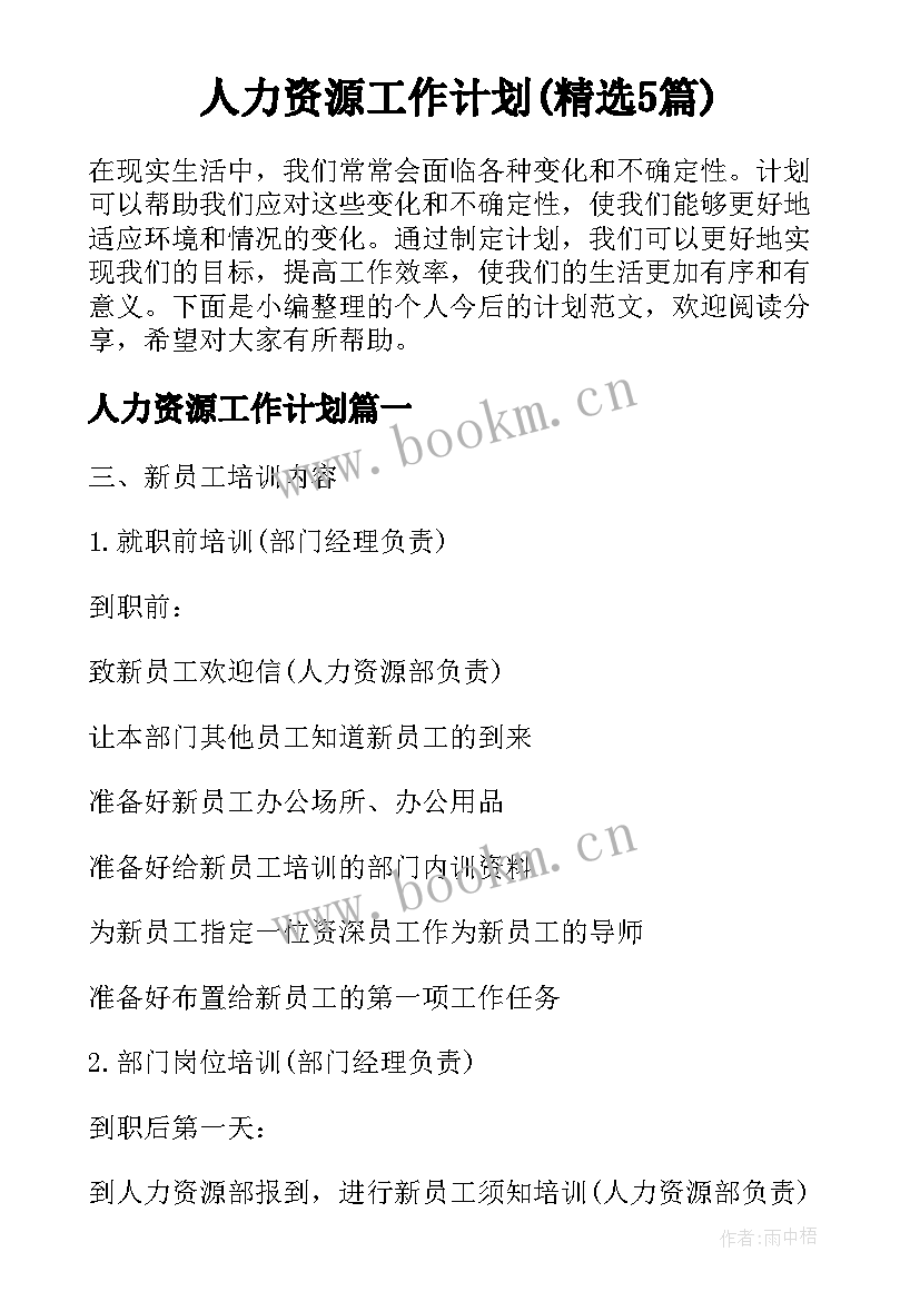 人力资源工作计划(精选5篇)