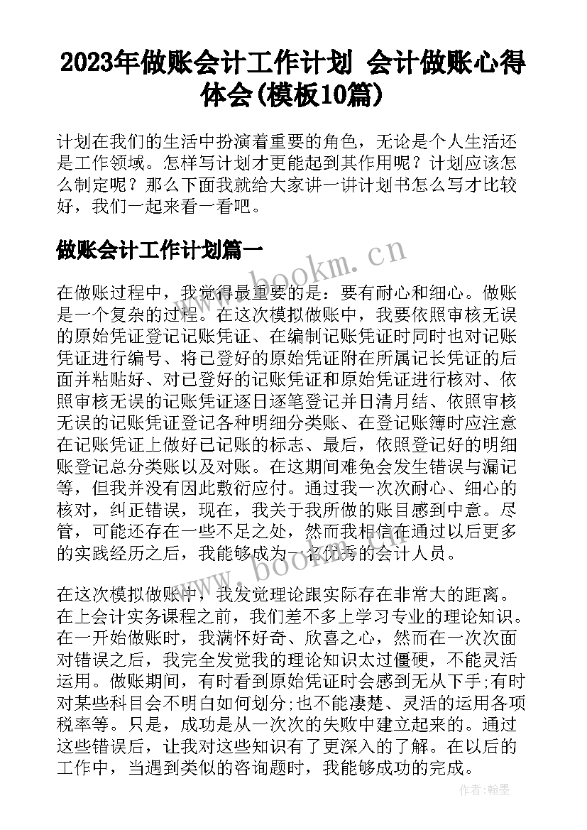 2023年做账会计工作计划 会计做账心得体会(模板10篇)