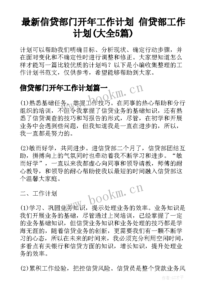 最新信贷部门开年工作计划 信贷部工作计划(大全5篇)