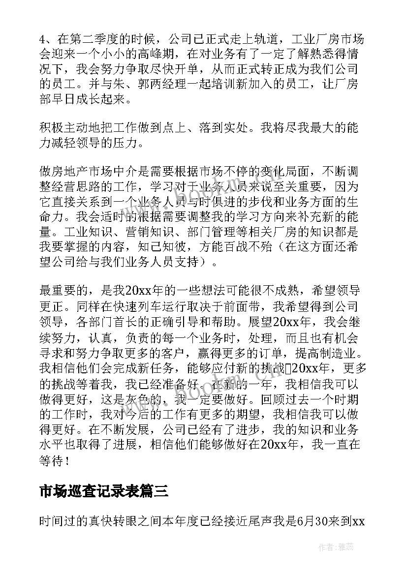 市场巡查记录表 市场工作计划(模板6篇)