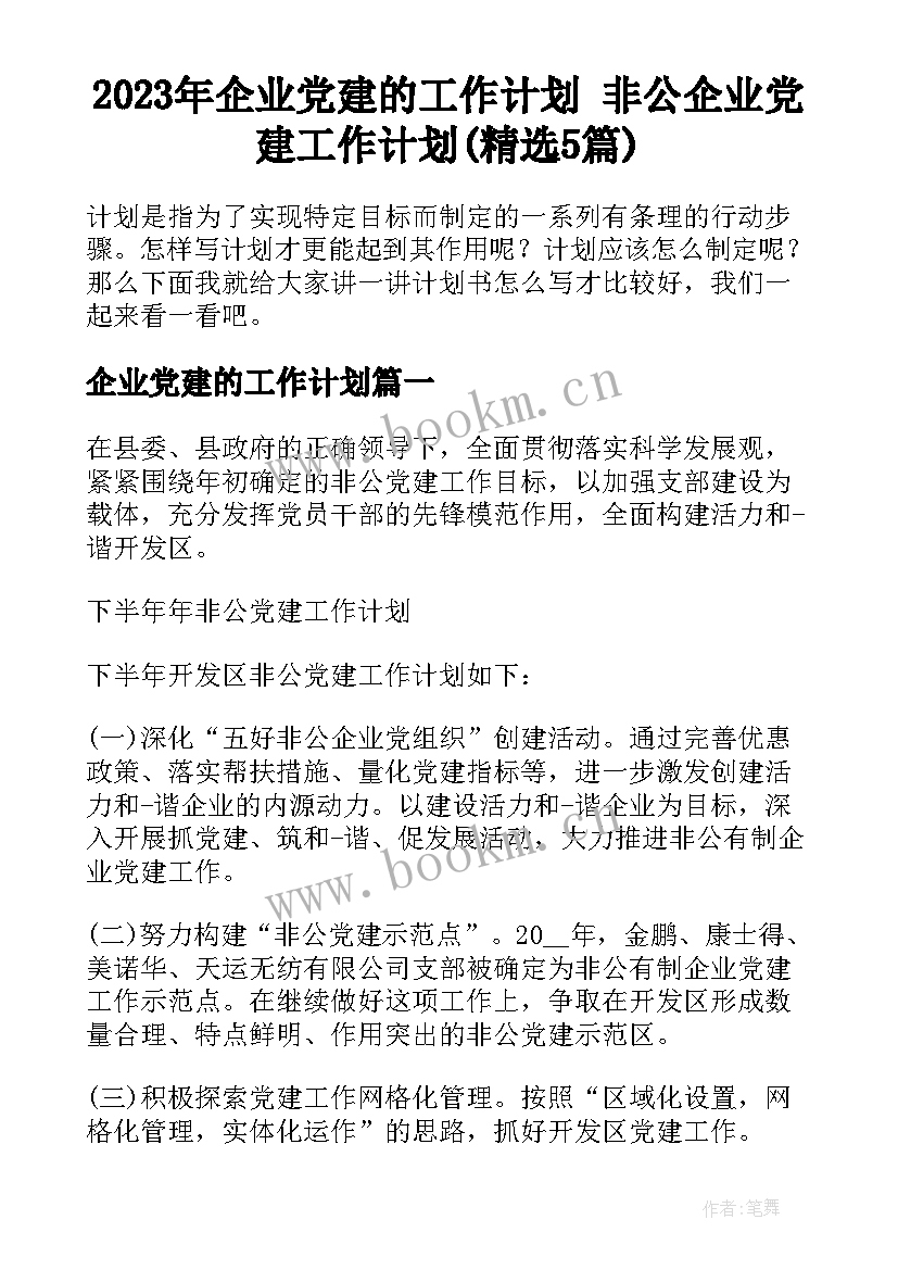 2023年企业党建的工作计划 非公企业党建工作计划(精选5篇)