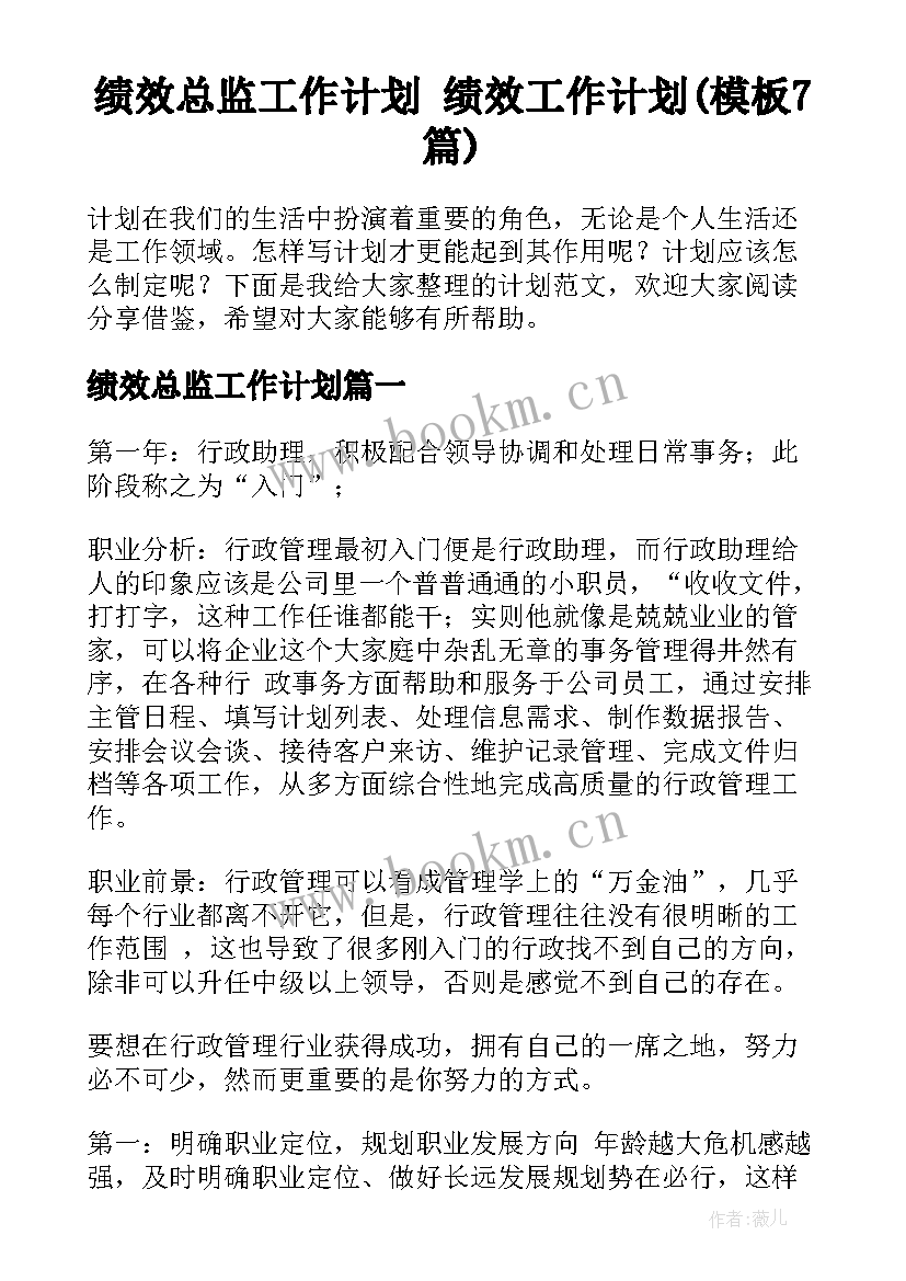 绩效总监工作计划 绩效工作计划(模板7篇)