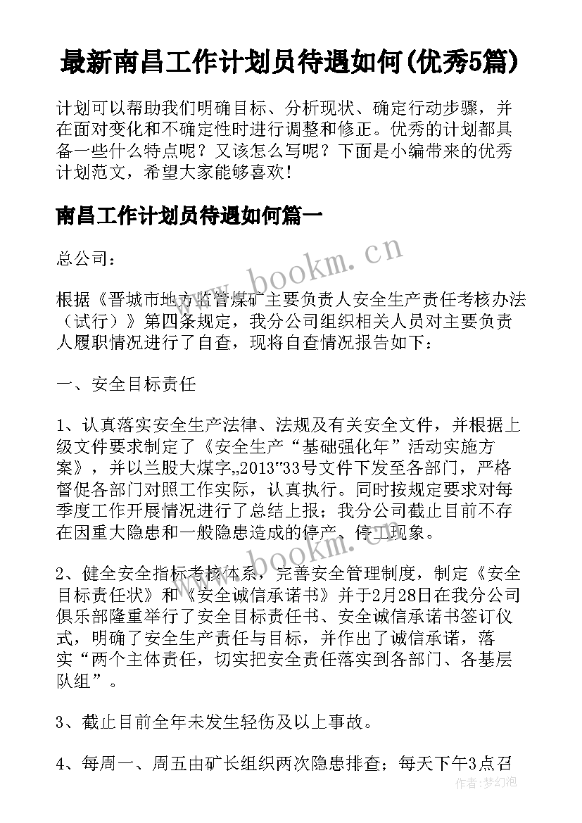 最新南昌工作计划员待遇如何(优秀5篇)