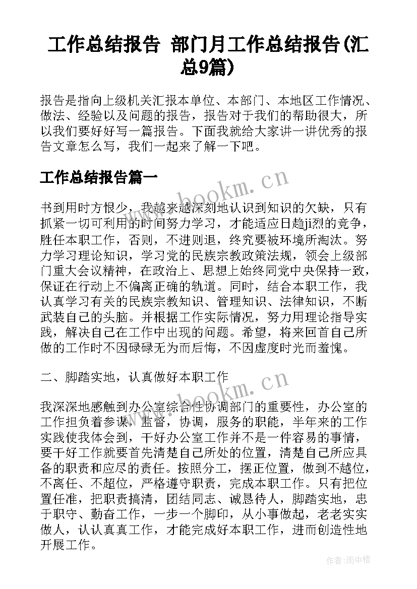 工作总结报告 部门月工作总结报告(汇总9篇)