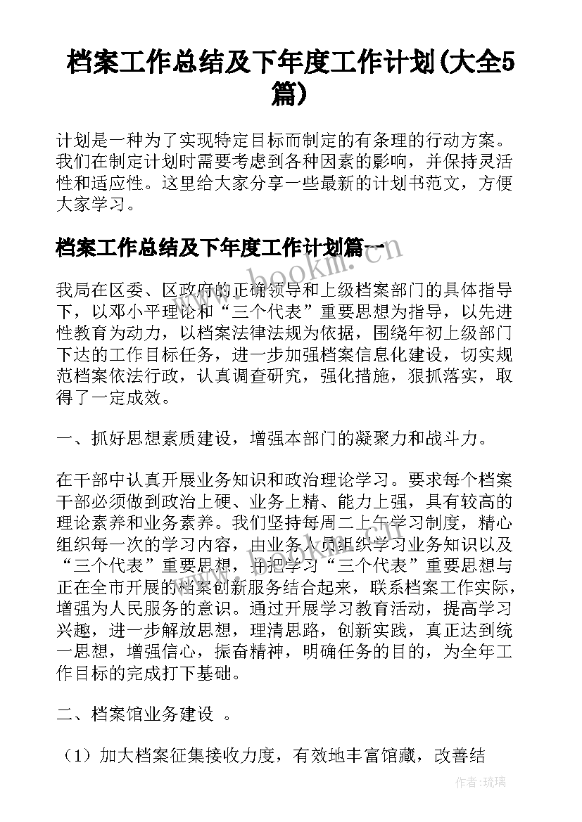 档案工作总结及下年度工作计划(大全5篇)