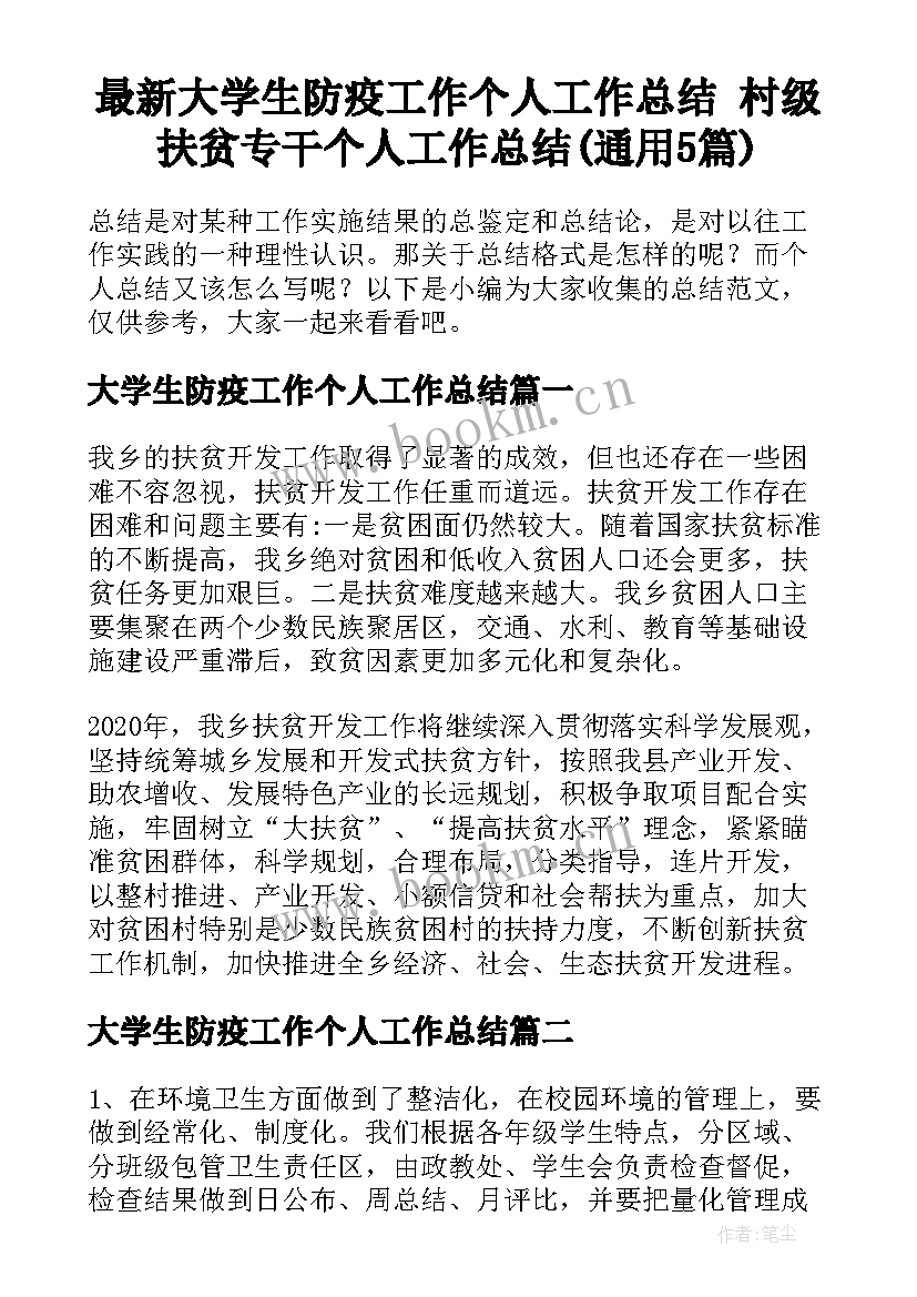 最新大学生防疫工作个人工作总结 村级扶贫专干个人工作总结(通用5篇)