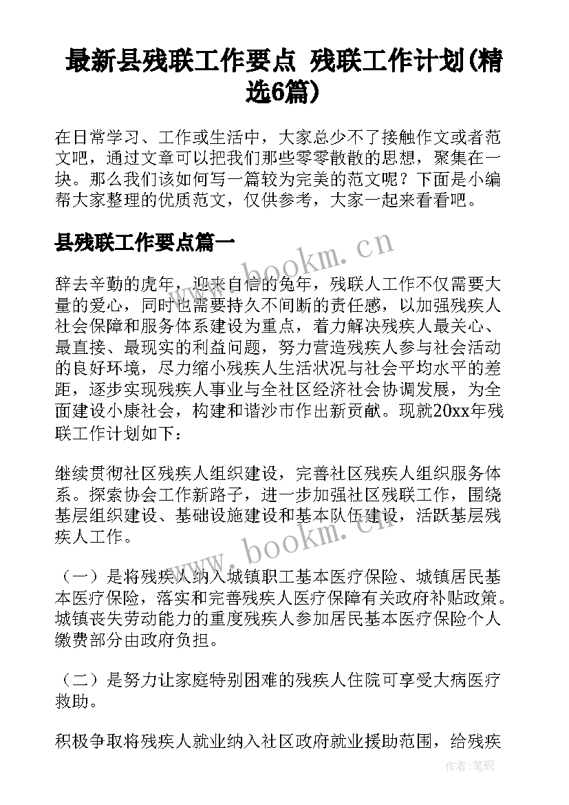 最新县残联工作要点 残联工作计划(精选6篇)