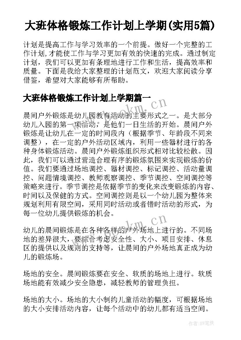 大班体格锻炼工作计划上学期(实用5篇)