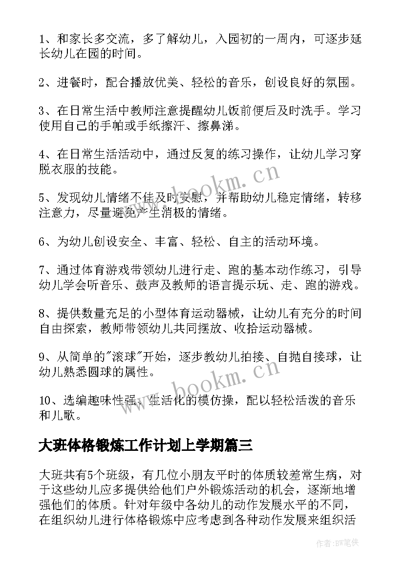 大班体格锻炼工作计划上学期(实用5篇)