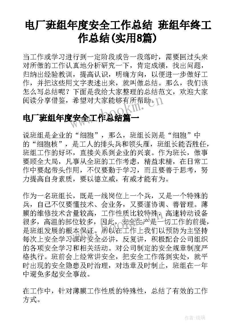 电厂班组年度安全工作总结 班组年终工作总结(实用8篇)