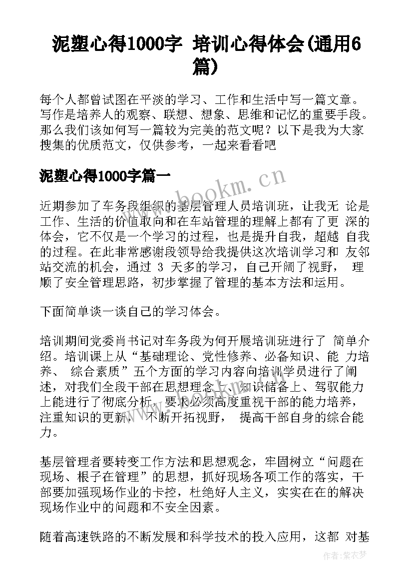 泥塑心得1000字 培训心得体会(通用6篇)