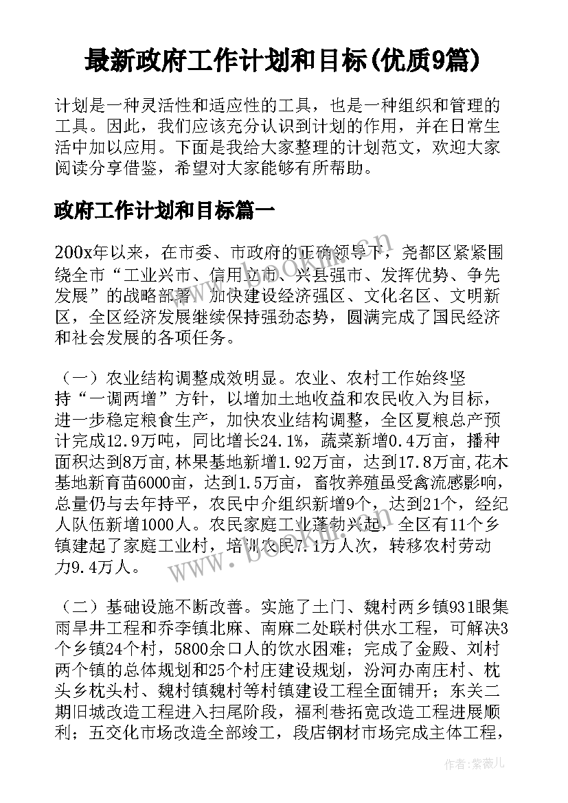 最新政府工作计划和目标(优质9篇)