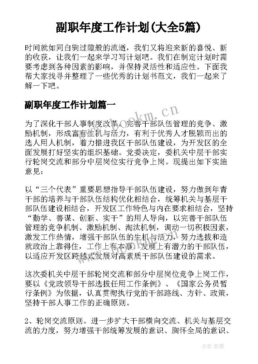 副职年度工作计划(大全5篇)