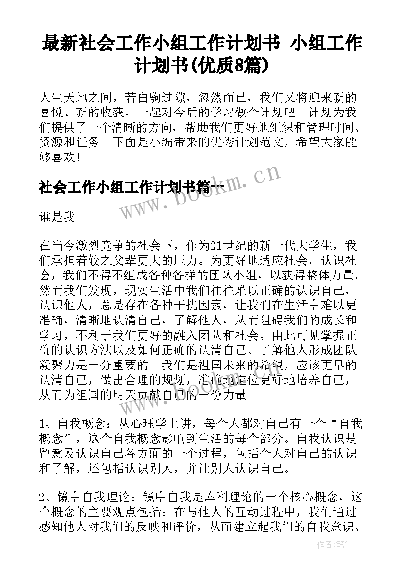 最新社会工作小组工作计划书 小组工作计划书(优质8篇)