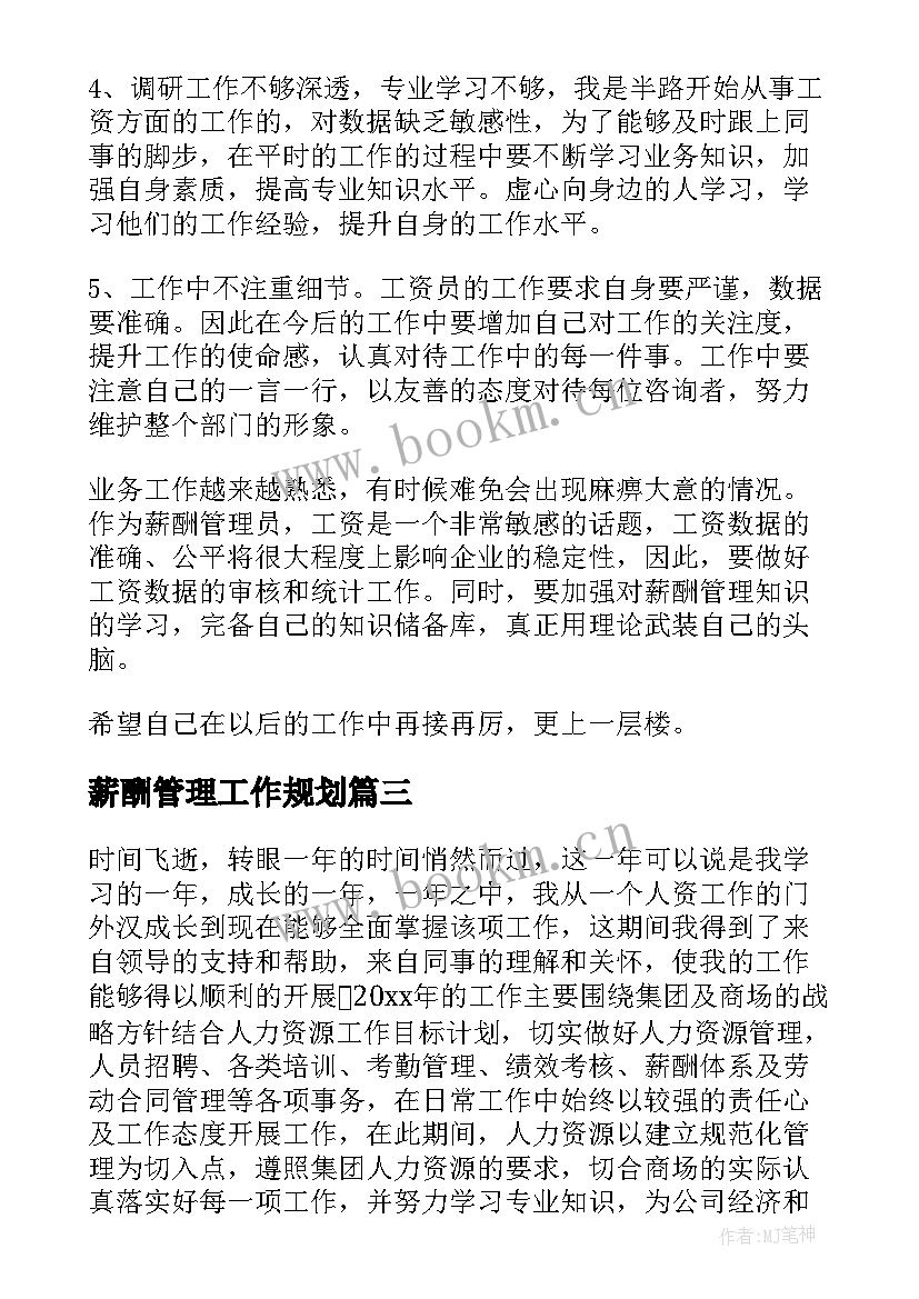 最新薪酬管理工作规划(汇总8篇)