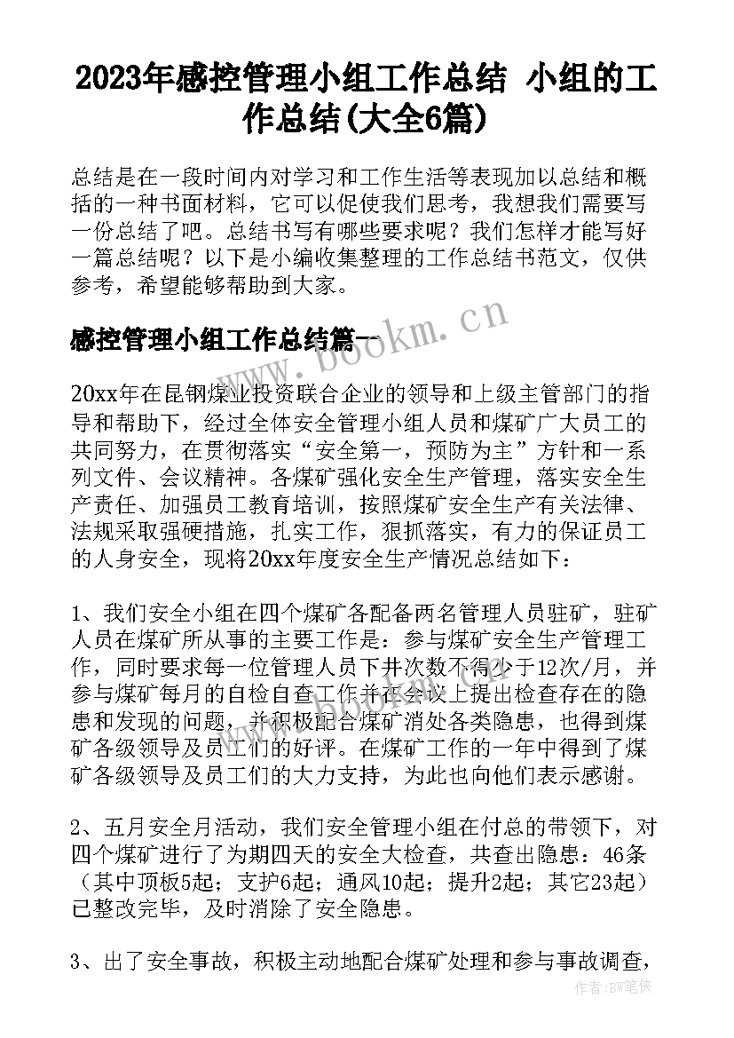 2023年感控管理小组工作总结 小组的工作总结(大全6篇)