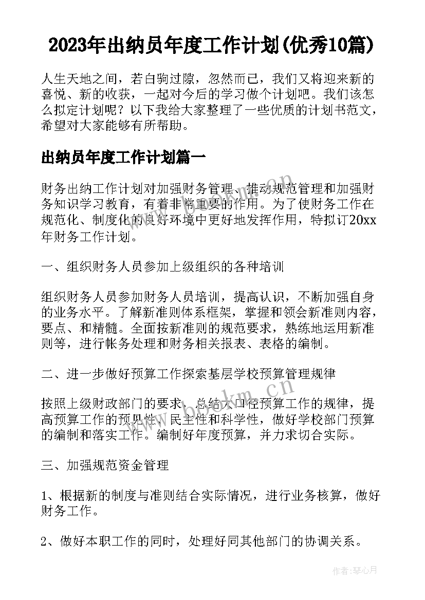 2023年出纳员年度工作计划(优秀10篇)