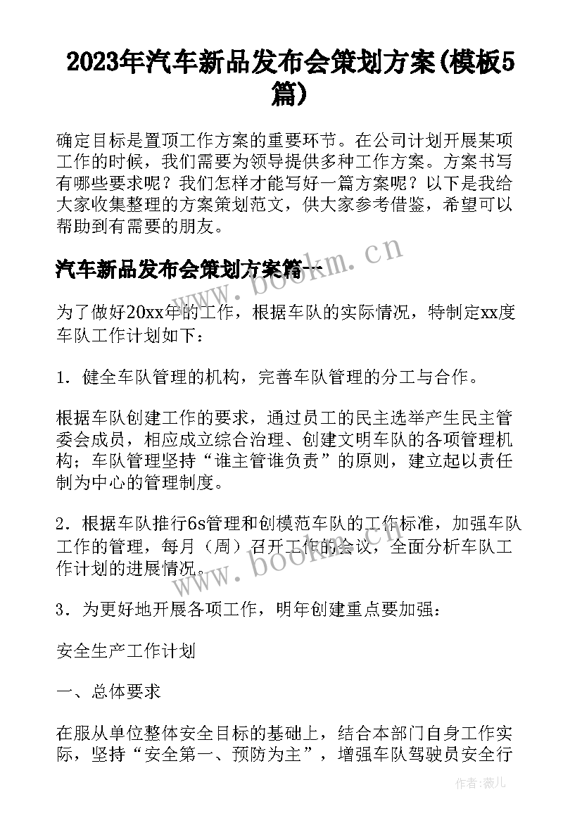 2023年汽车新品发布会策划方案(模板5篇)