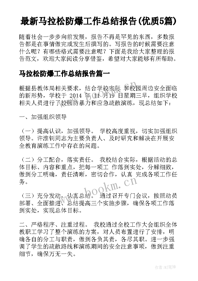 最新马拉松防爆工作总结报告(优质5篇)