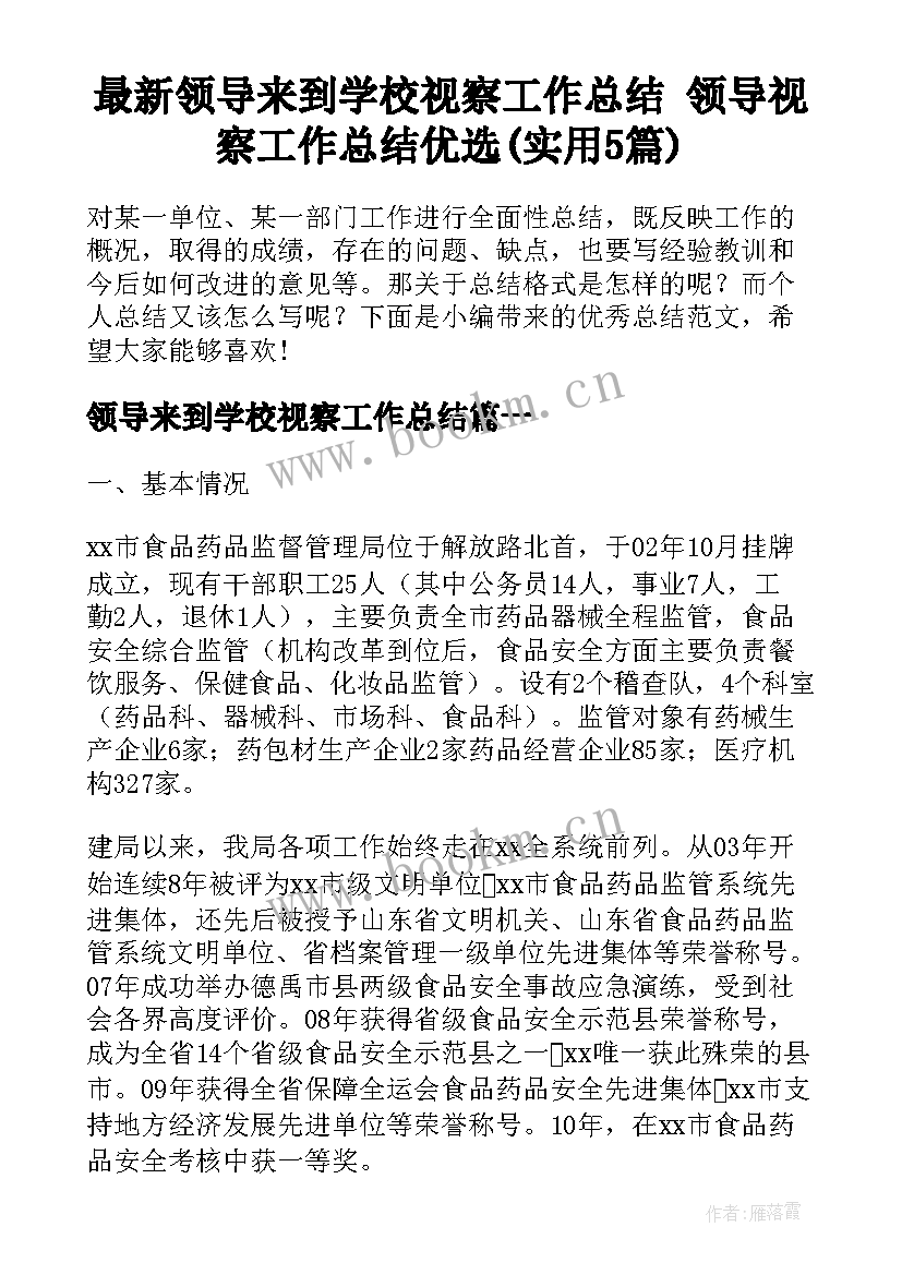 最新领导来到学校视察工作总结 领导视察工作总结优选(实用5篇)