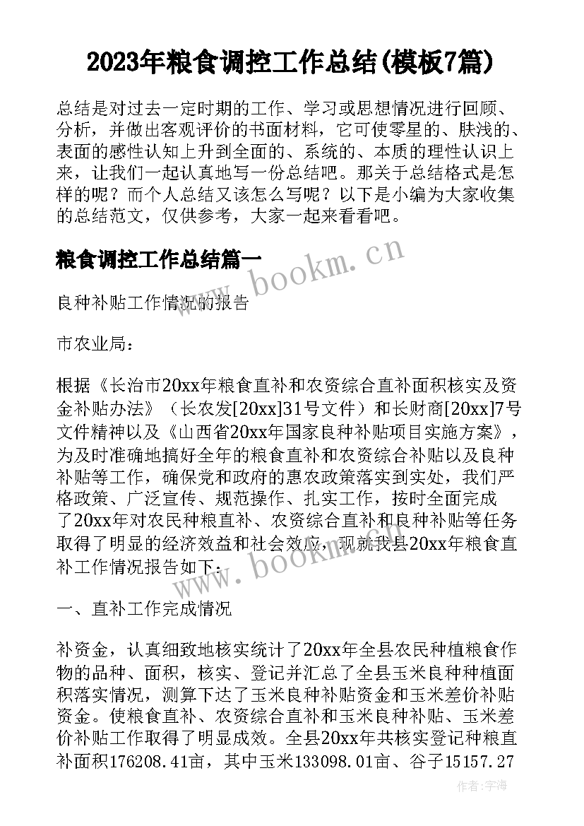 2023年粮食调控工作总结(模板7篇)