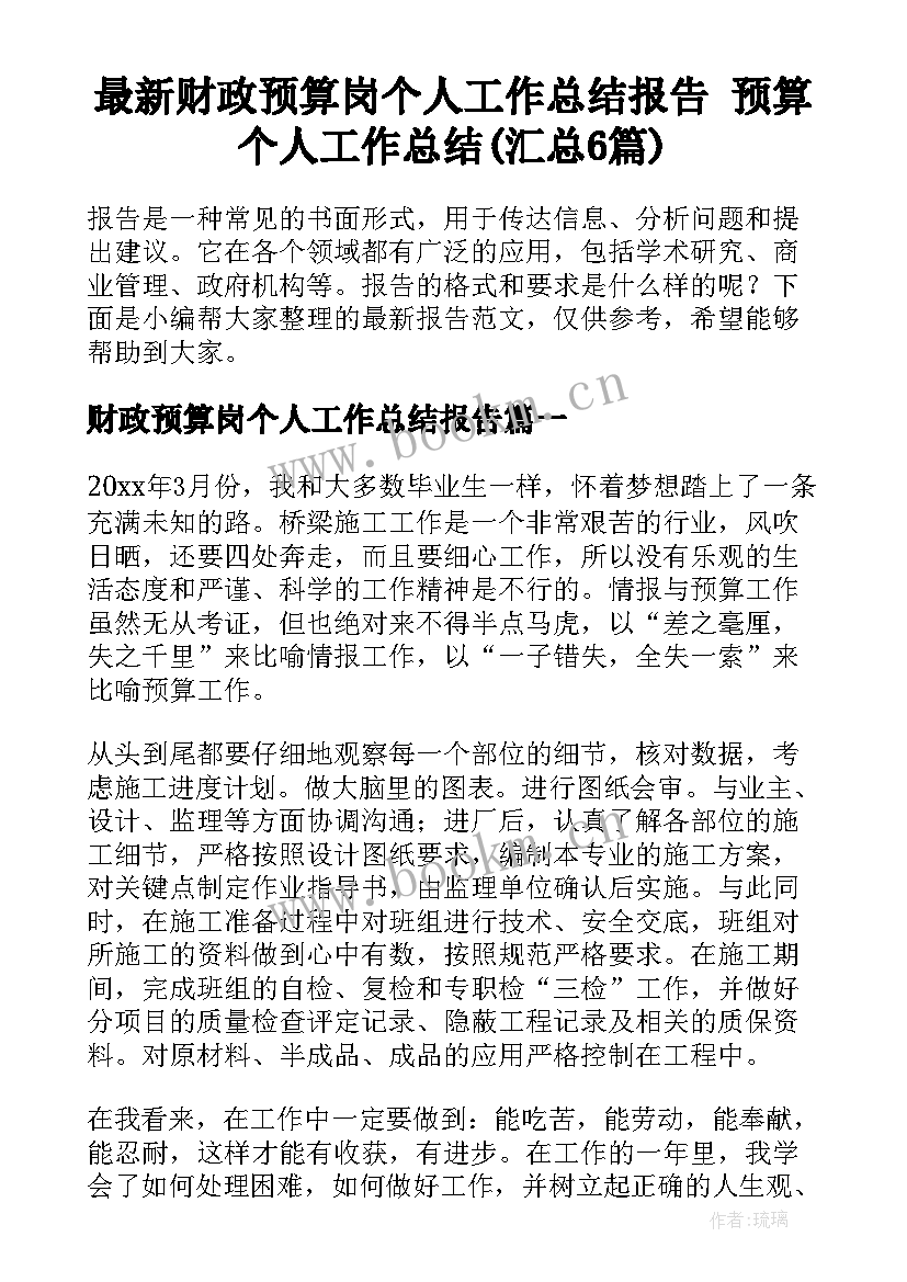 最新财政预算岗个人工作总结报告 预算个人工作总结(汇总6篇)