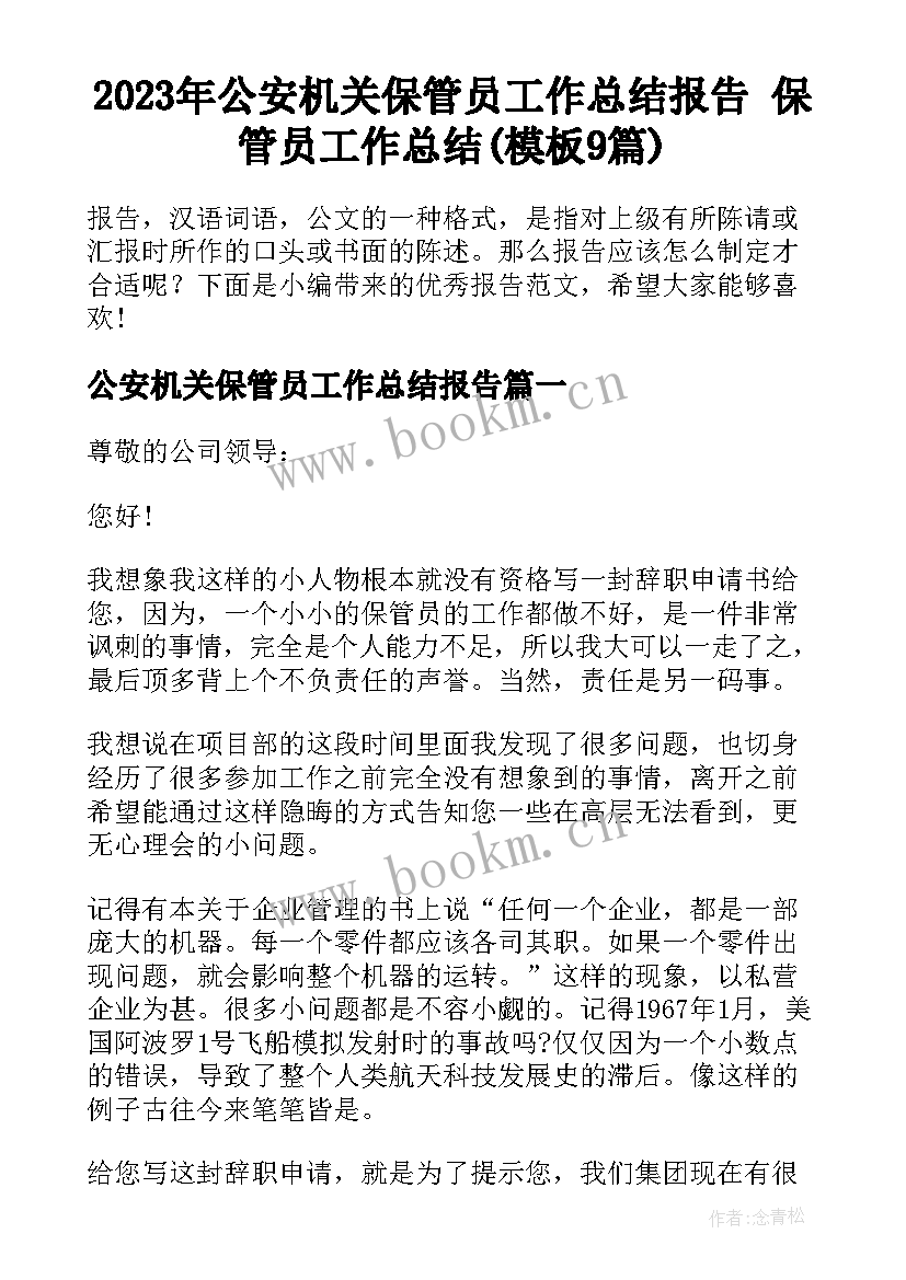 2023年公安机关保管员工作总结报告 保管员工作总结(模板9篇)