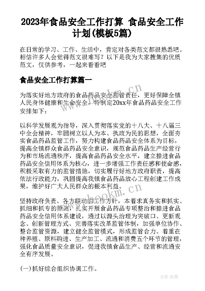 2023年食品安全工作打算 食品安全工作计划(模板5篇)