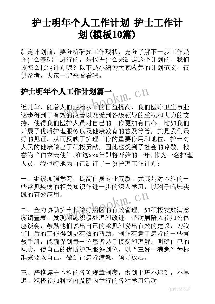 护士明年个人工作计划 护士工作计划(模板10篇)