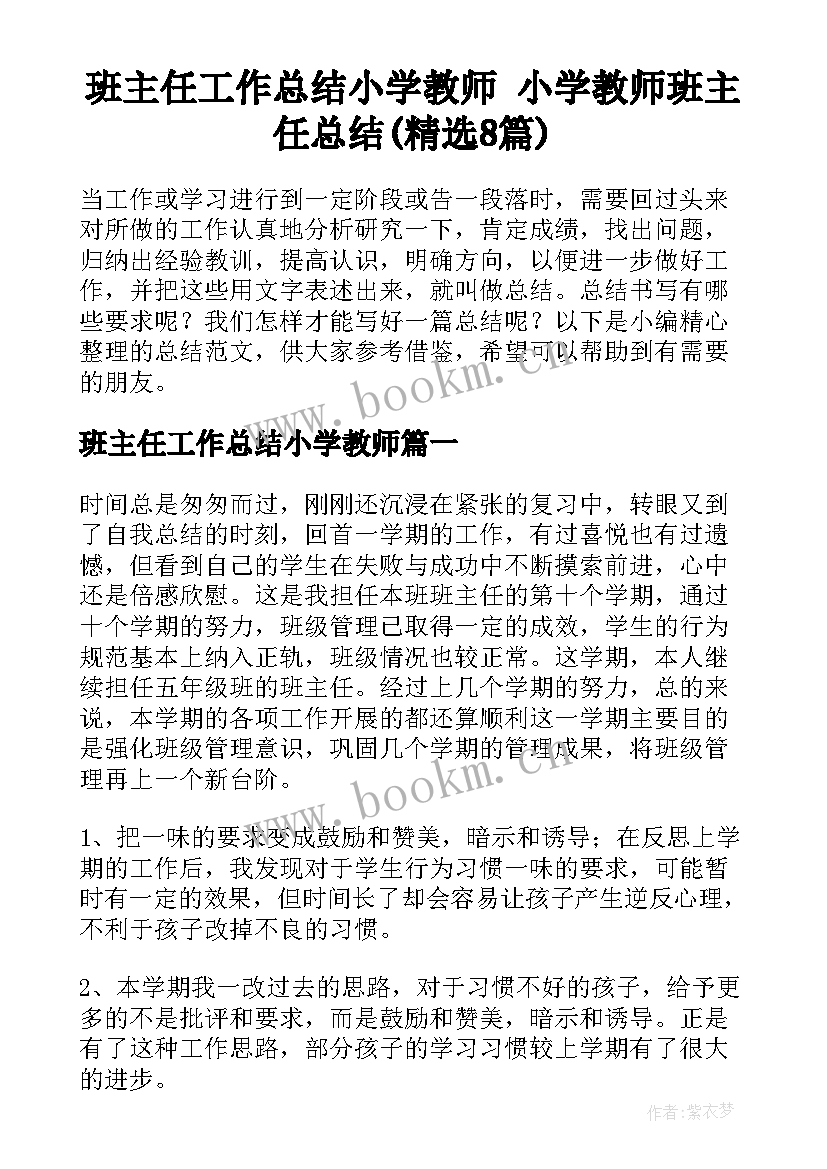 班主任工作总结小学教师 小学教师班主任总结(精选8篇)