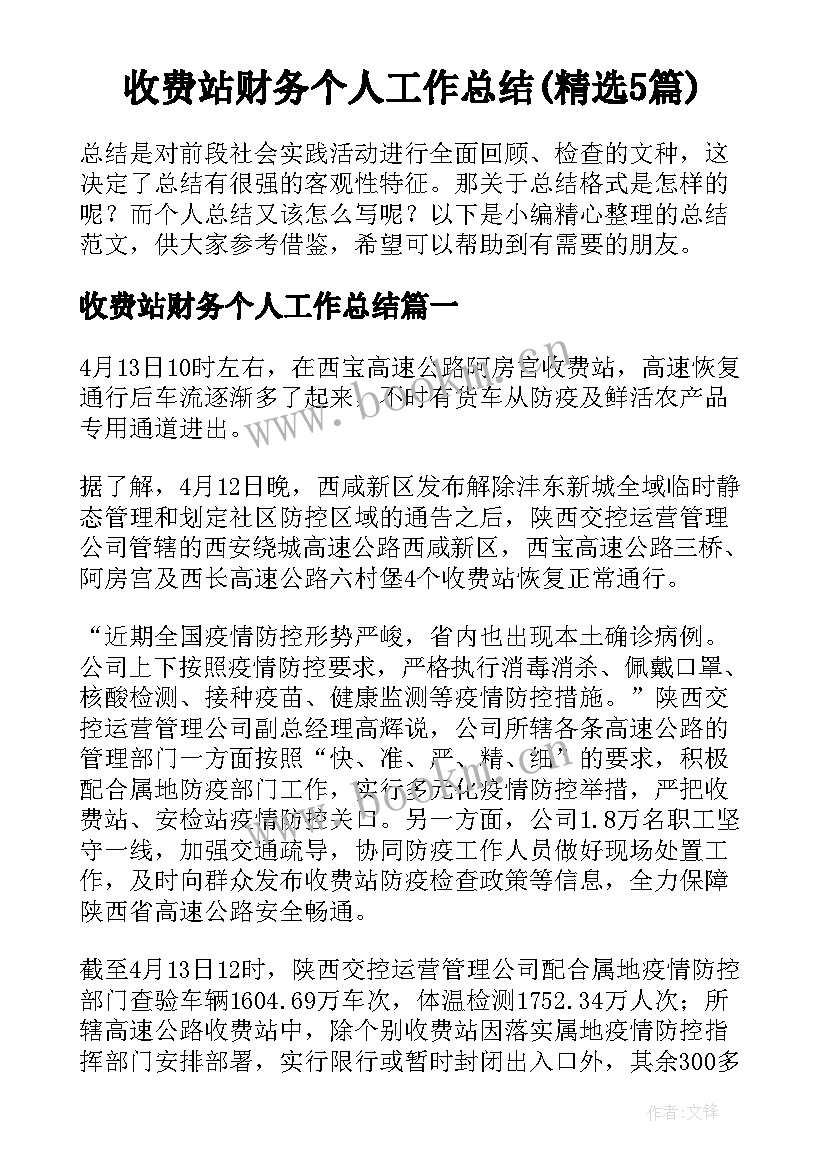 收费站财务个人工作总结(精选5篇)