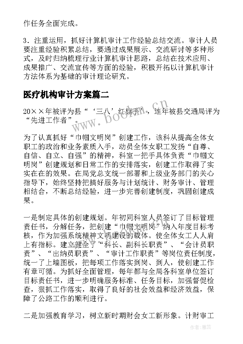 医疗机构审计方案 审计工作计划(精选7篇)