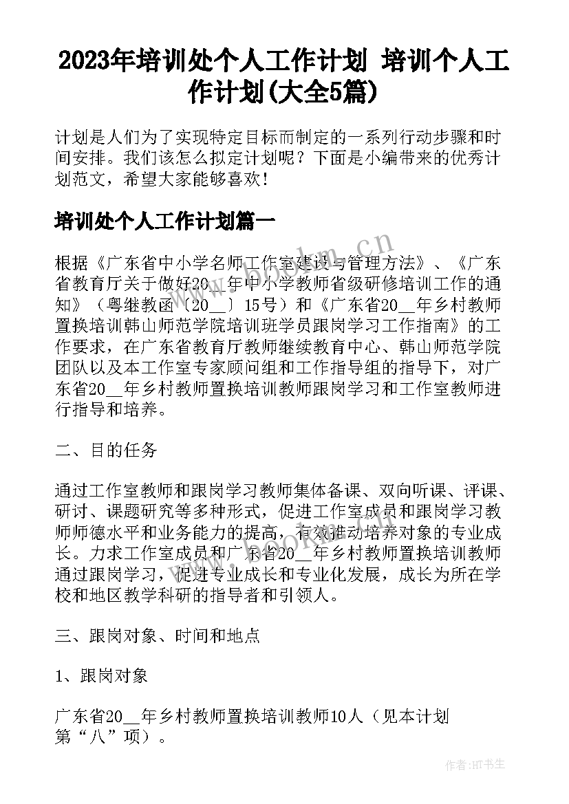 2023年培训处个人工作计划 培训个人工作计划(大全5篇)