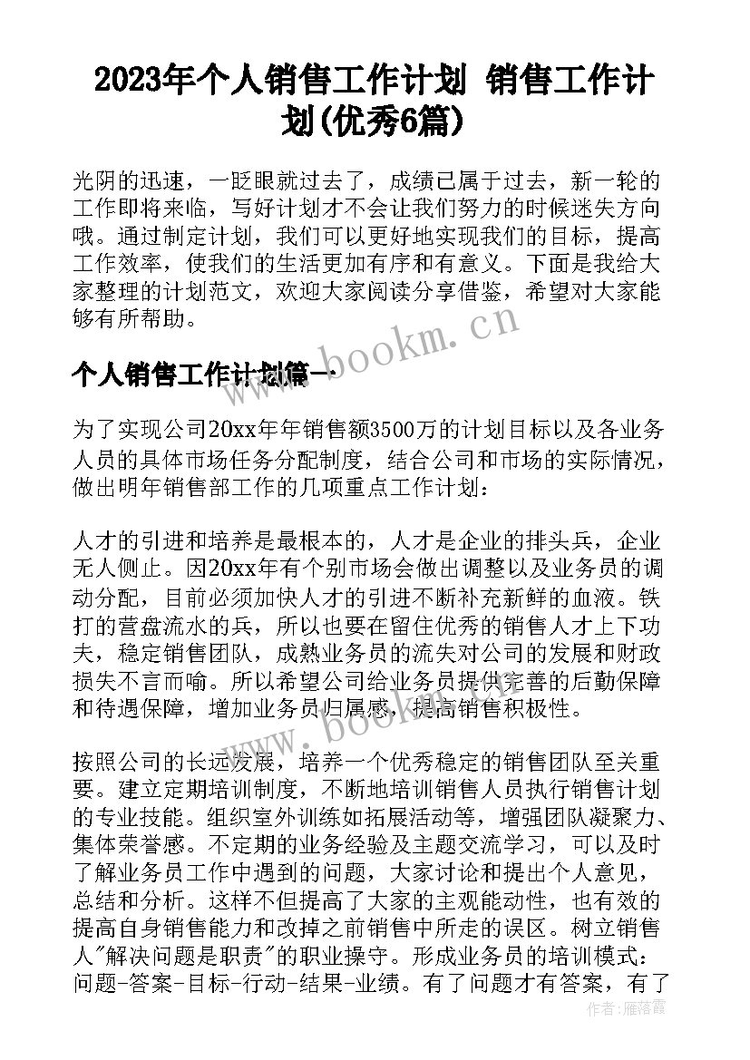 2023年个人销售工作计划 销售工作计划(优秀6篇)