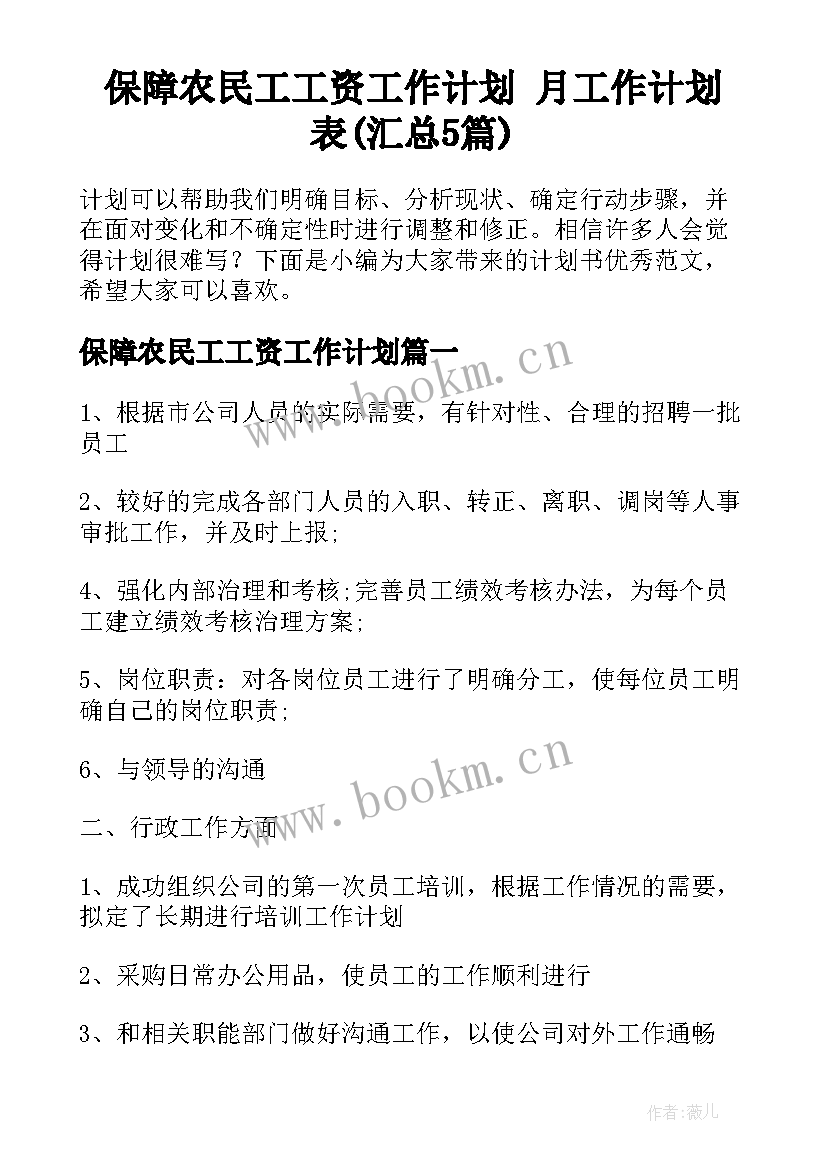 保障农民工工资工作计划 月工作计划表(汇总5篇)