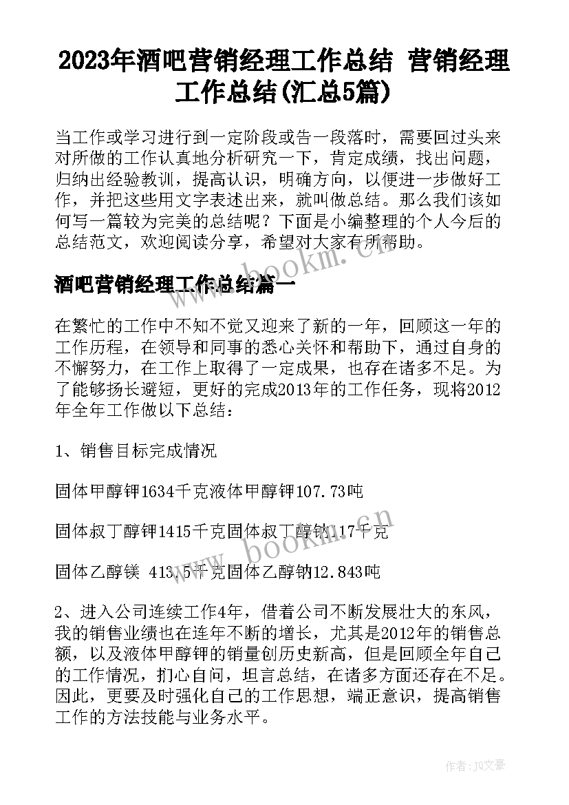 2023年酒吧营销经理工作总结 营销经理工作总结(汇总5篇)